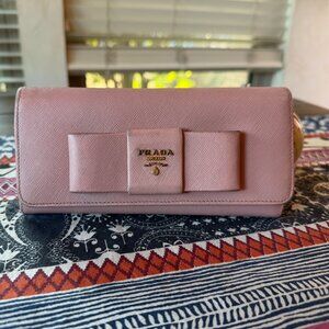 Prada Saffiano Leather Pink Bow Long Wallet with Detachable Card Case,  Preowned